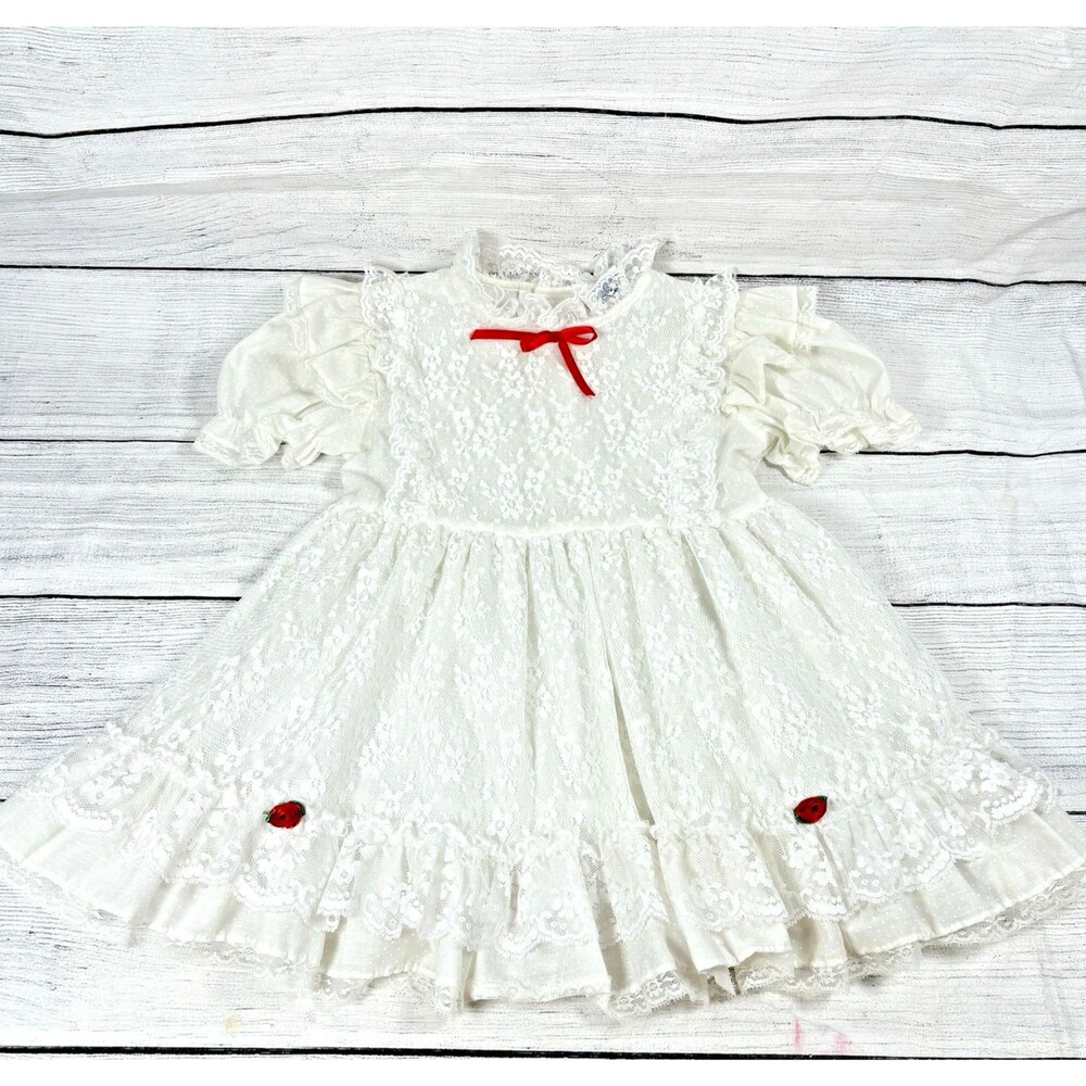 Vintage Fayette White Toddler Girl Dress Sz 4T Circle Lace Floral Red Bow Cottag